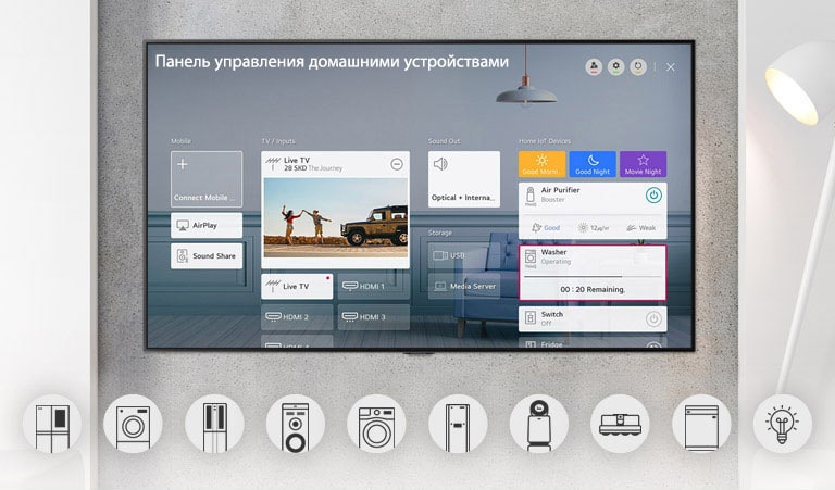 Настенный телевизор, показывающий Панель управления домом и графические логотипы бытовых приборов внизу