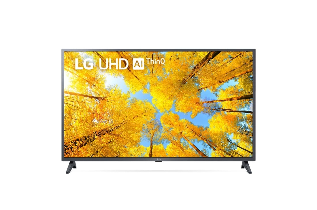 LG 4K UHD телевизор LG 43'', Вид телевизора LG UHD спереди с изображением на экране и логотипом продукта, 43UQ75001LG