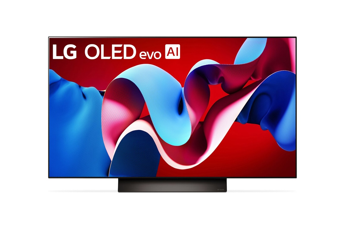 LG Телевизор Smart TV LG OLED evo AI C4 4K 48'' OLED48C4, Вид спереди на телевизор LG OLED evo, OLED C4, logo эмблемы «OLED №1 в мире в течение 11 лет» и logo программы webOS Re:New Program на экране, а также звуковую панель снизу, OLED48C4RLA