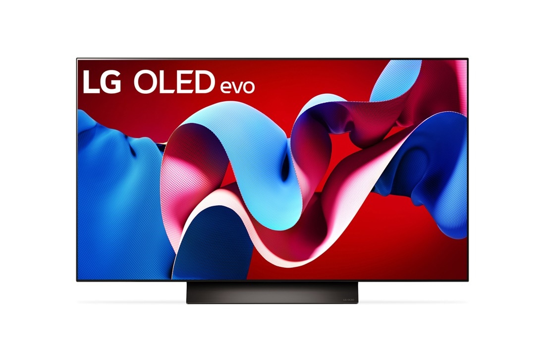 LG Телевизор Smart TV LG OLED evo C4 4K 48'' OLED48C4, Вид спереди на телевизор LG OLED evo, OLED C4, logo эмблемы «OLED №1 в мире в течение 11 лет» и logo программы webOS Re:New Program на экране, а также звуковую панель снизу, OLED48C4RLA