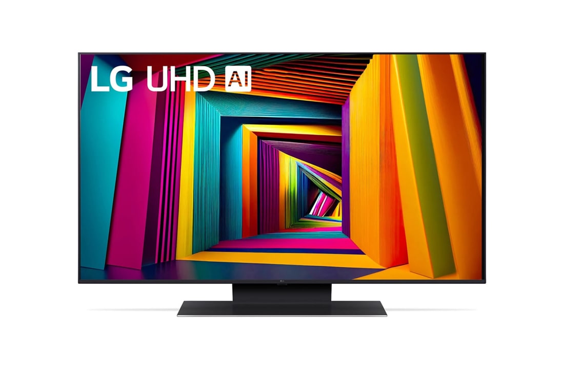 LG Телевизор Smart TV LG UHD AI UT91 4K 43'', Вид спереди на телевизор LG UHD TV, UT90 с текстом LG UHD AI ThinQ, 2024 года и логотипом webOS Re:New Program на экране, 43UT91006LA