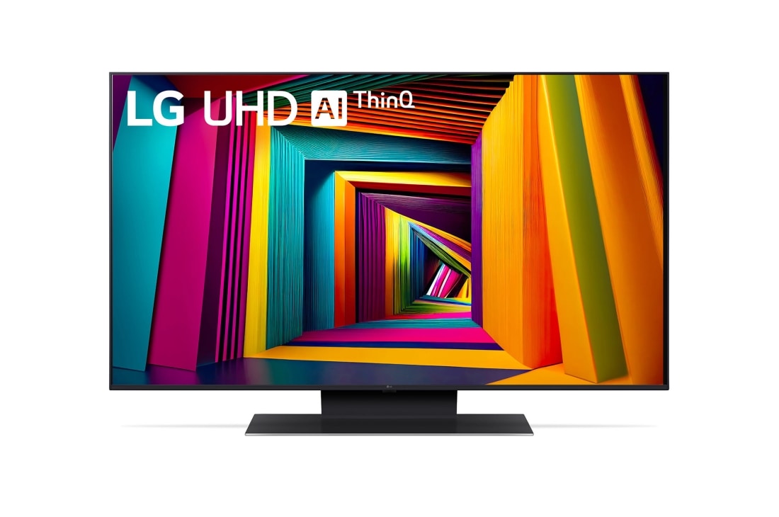 LG Телевизор Smart TV LG UHD UT91 4K 43'', Вид спереди на телевизор LG UHD TV, UT90 с текстом LG UHD AI ThinQ, 2024 года и логотипом webOS Re:New Program на экране, 43UT91006LA