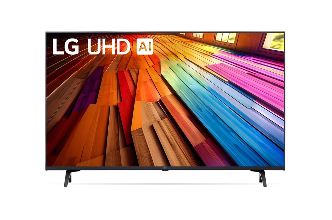 LG Телевизор Smart TV LG UHD AI UT80 4K 43'', Вид спереди на телевизор LG UHD TV, UT80 с текстом LG UHD AI ThinQ, 2024 года и логотипом webOS Re:New Program на экране, 43UT80006LA