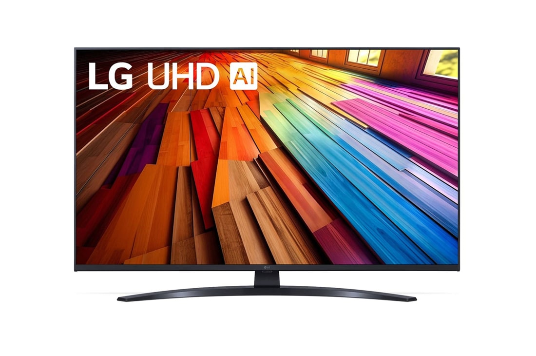 LG Телевизор Smart TV LG UHD AI UT81 4K 43'', Вид спереди на телевизор LG UHD TV, UT80 с текстом LG UHD AI ThinQ, 2024 года и логотипом webOS Re:New Program на экране, 43UT81006LA