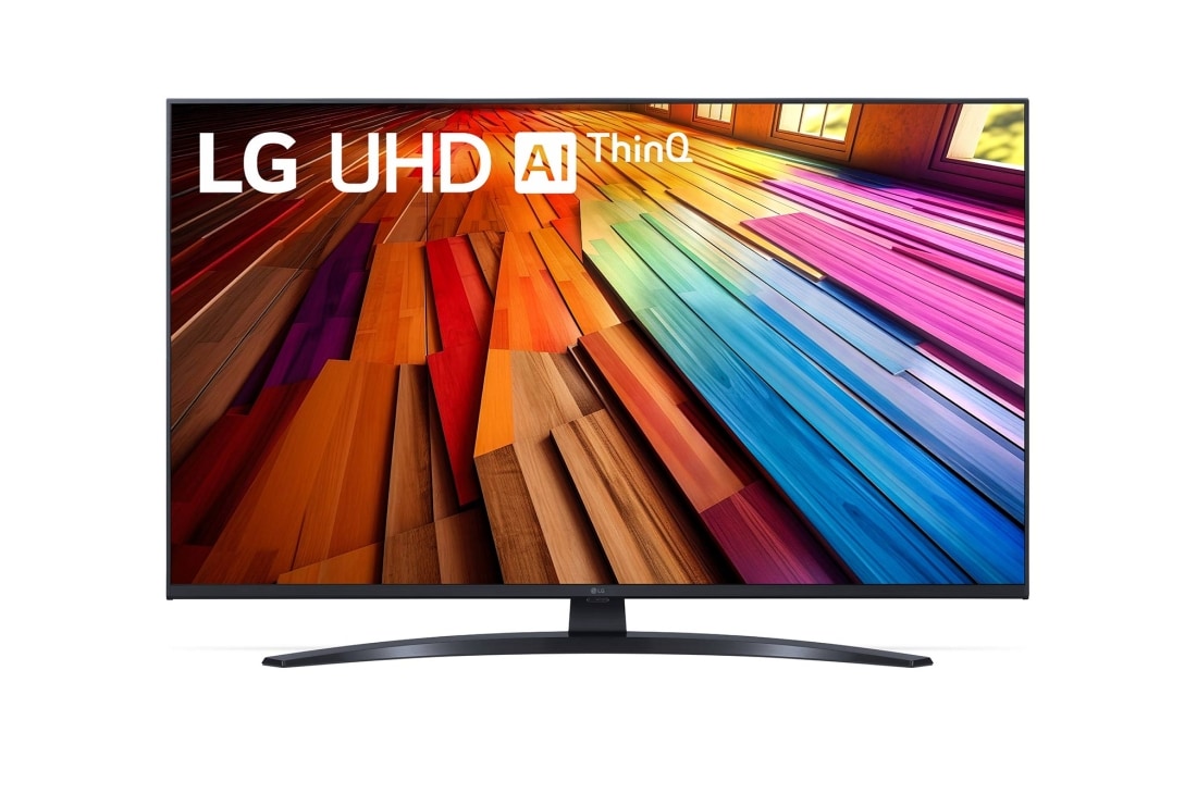 LG Телевизор Smart TV LG UHD UT81 4K 43'', Вид спереди на телевизор LG UHD TV, UT80 с текстом LG UHD AI ThinQ, 2024 года и логотипом webOS Re:New Program на экране, 43UT81006LA