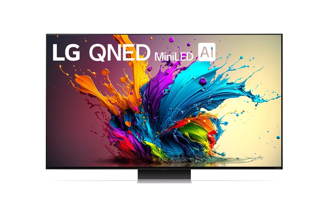 LG 4K телевизор Smart TV 65'' LG QNED MiniLED AI 65QNED91T6A, Вид спереди на телевизор LG QNED, QNED90 с текстом LG QNED MiniLED, 2024 и логотипом webOS Re:New Program на экране, 65QNED91T6A