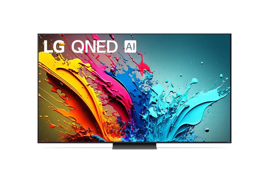 LG 4K телевизор 65'' LG AI 65QNED86T6A, Вид спереди на телевизор LG QNED, QNED85 с текстом LG QNED, 2024 и логотипом webOS Re:New Program на экране, 65QNED86T6A