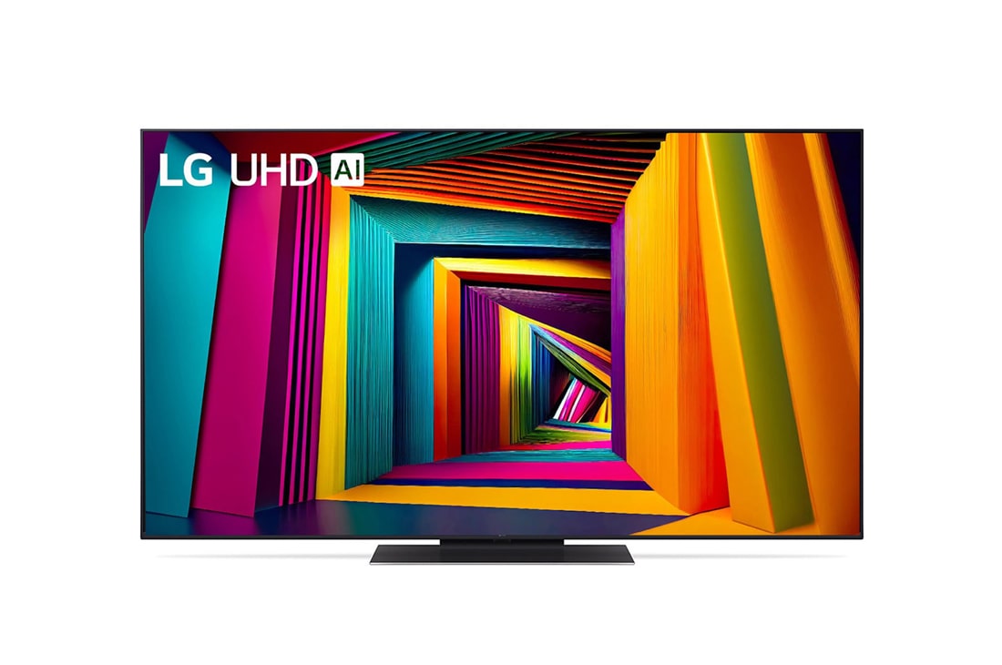 LG Телевизор Smart TV LG UHD AI UT91 4K 55'', Вид спереди на телевизор LG UHD TV, UT90 с текстом LG UHD AI ThinQ, 2024 года и логотипом webOS Re:New Program на экране, 55UT91006LA