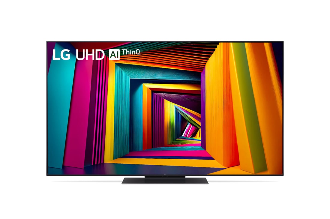 LG Телевизор Smart TV LG UHD UT91 4K 55'', Вид спереди на телевизор LG UHD TV, UT90 с текстом LG UHD AI ThinQ, 2024 года и логотипом webOS Re:New Program на экране, 55UT91006LA