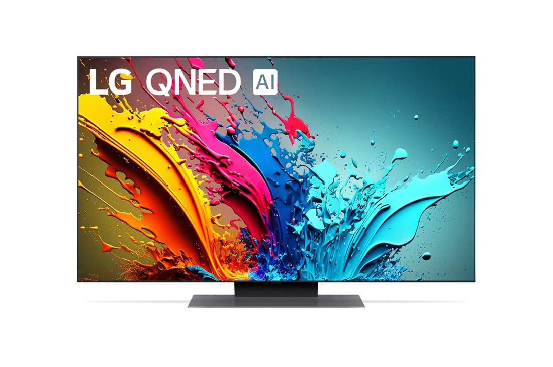 LG 4K телевизор 50'' LG AI 50QNED86T6A, Вид спереди на телевизор LG QNED, QNED85 с текстом LG QNED, 2024 и логотипом webOS Re:New Program на экране, 50QNED86T6A