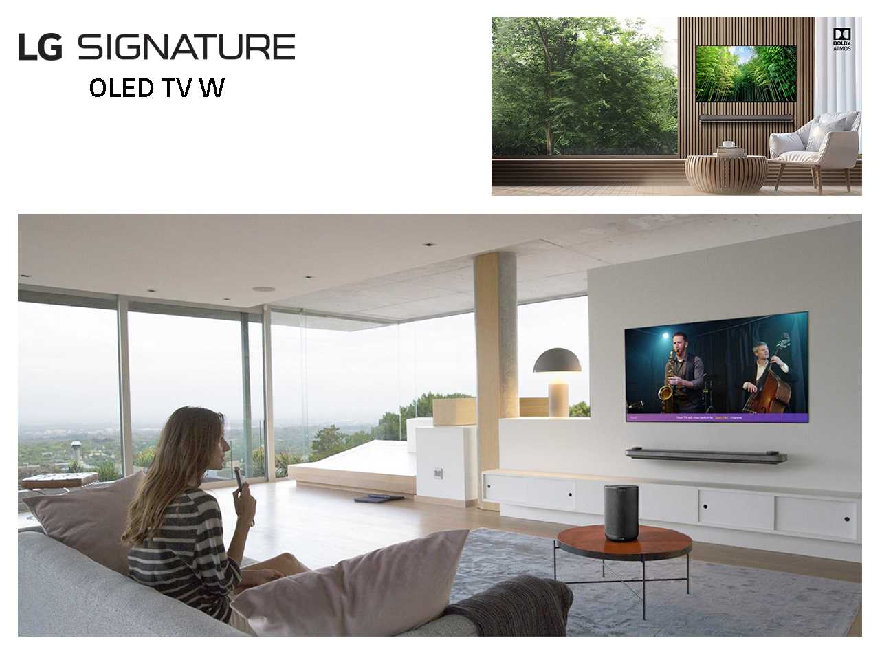 Девушка в своей гостиной использует LG Remote Control для обращения к своему LG OLED Wallpaper TV.