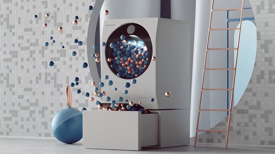 Стоящая на полу стиральная машина LG SIGNATURE  со множеством разноцветных шариков и стремянкой.