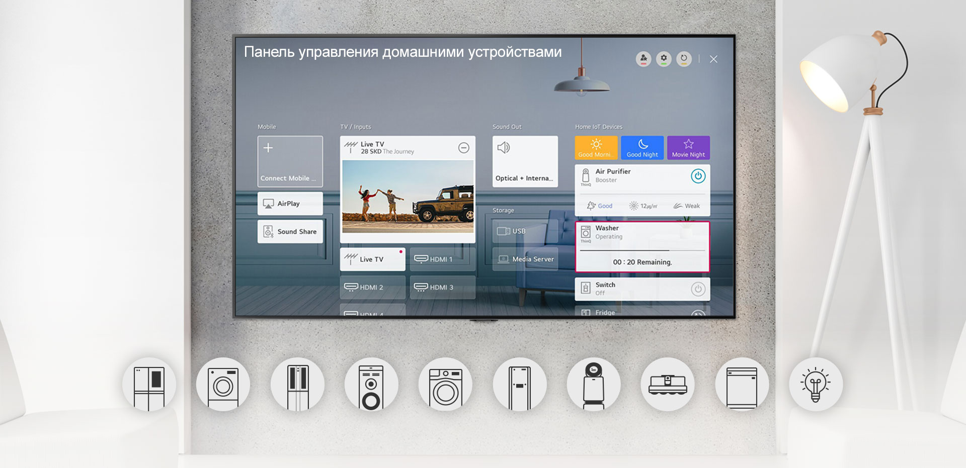 Настенный телевизор, показывающий Панель управления домом и графические логотипы бытовых приборов внизу