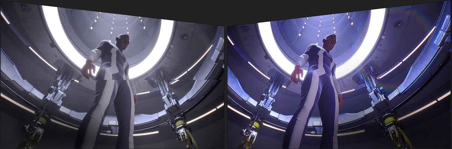 Side-by-side comparison of LCD/LED versus OLED, showing the identical game scene to show the difference of screen с разрывами