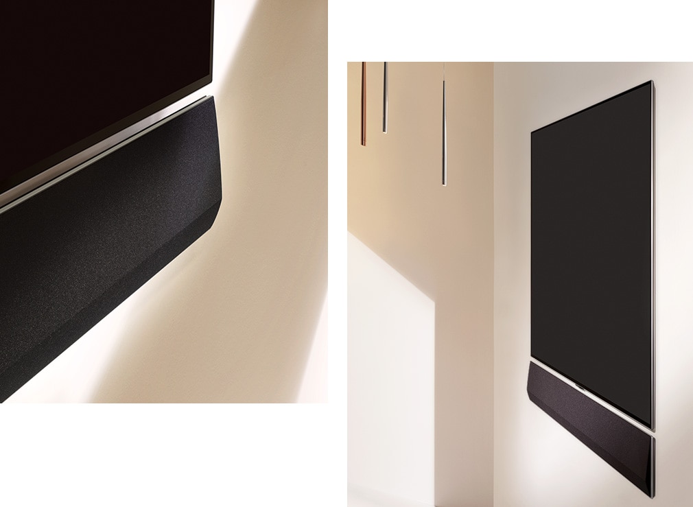 Two different angles of a wall-mounted Gallery Design with Gallery Soundbar mounted below