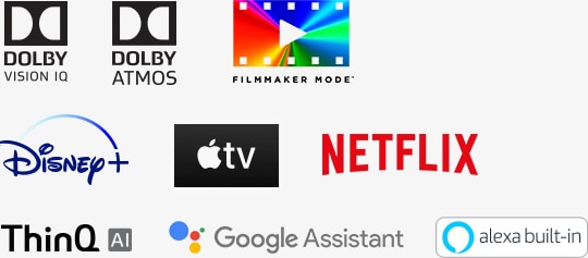 The mark of DOLBY VISION IQ, The mark of DOLBY ATMOS, The mark of FILMMAKER MODE, The mark of disney+, The mark of apple TV, The mark of NETFLIX, The mark of LG ThinQ, The mark of Google Assistant, The mark of alexa built-in