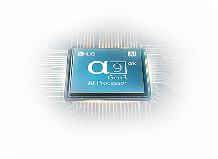 Alpha 9 Gen3 AI Processor chip shining with blue graphics on white background