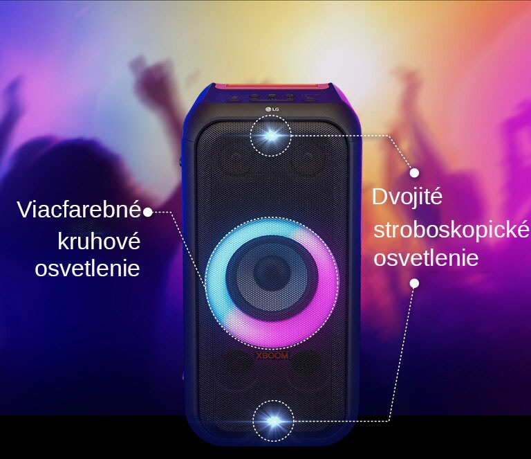 Reproduktor LG XBOOM XL5S je umiestnený v nekonečnom priestore. Na stene je znázornená štvorcová zvuková grafika. V strede reproduktora je zväčšený 6,5-palcový obrovský basový reproduktor, čím sa zdôrazňuje jeho masívny 200 W zvuk. Z basového reproduktora vychádzajú zvukové vlny. 