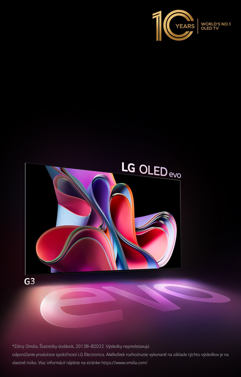 Na obrázku modelu LG OLED G3 na čiernom pozadí sa nachádza jasná ružová a fialová abstraktná grafika. Displej vrhá pestrofarebný tieň, ktorý vytvára slovo evo. V ľavom hornom rohu obrázka sa nachádza emblém 10 rokov svetová jednotka medzi televízormi OLED. 