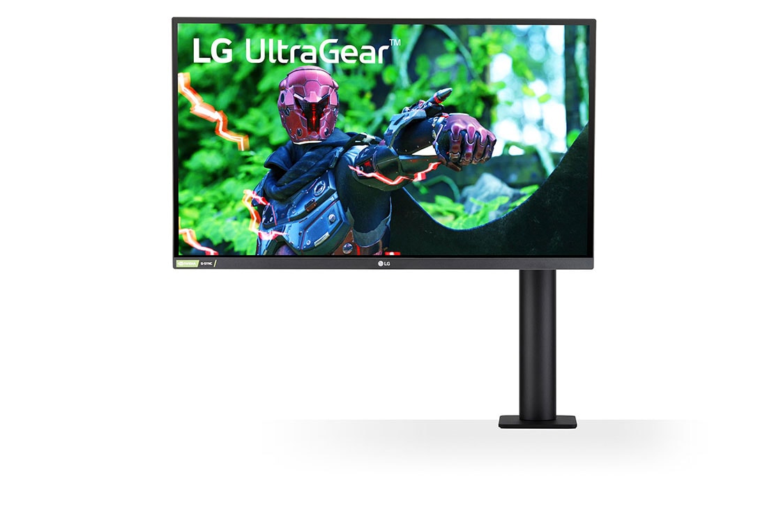 LG 27-palcový ergonomický herný monitor Nano IPS UltraGear™ s časom odozvy (GtG) 1 ms, pohľad spredu so stojanom monitora napravo, 27GN880-B