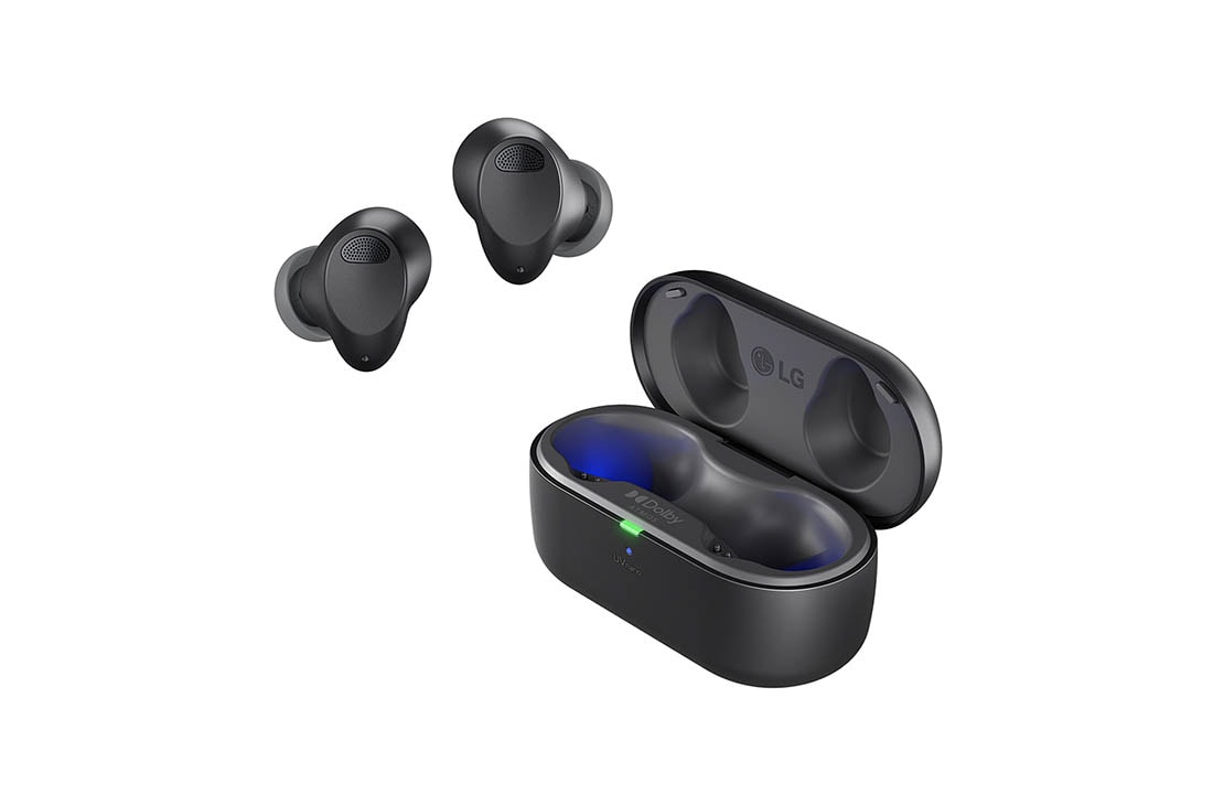 LG Bluetooth bezdrôtové slúchadlá |  Dolby Atmos® | True Wireless Bluetooth slúchadlá s UVnano+ a Plug & Wireless | Čierne, While the earbuds are in the air, light is emitted from the case, opening the cradle's lid. Plug and Wireless appear on the left,, TONE-T90S