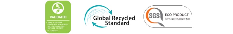 Zľava sú zobrazené: UL VALIDATED (logo), Global Recycled Standard (logo), SGS ECO PRODUCT (logo)