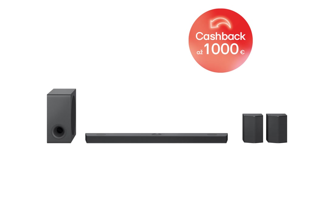 LG Soundbar LG S95QR, Pohľad spredu so subwooferom a zadnými reproduktormi, S95QR