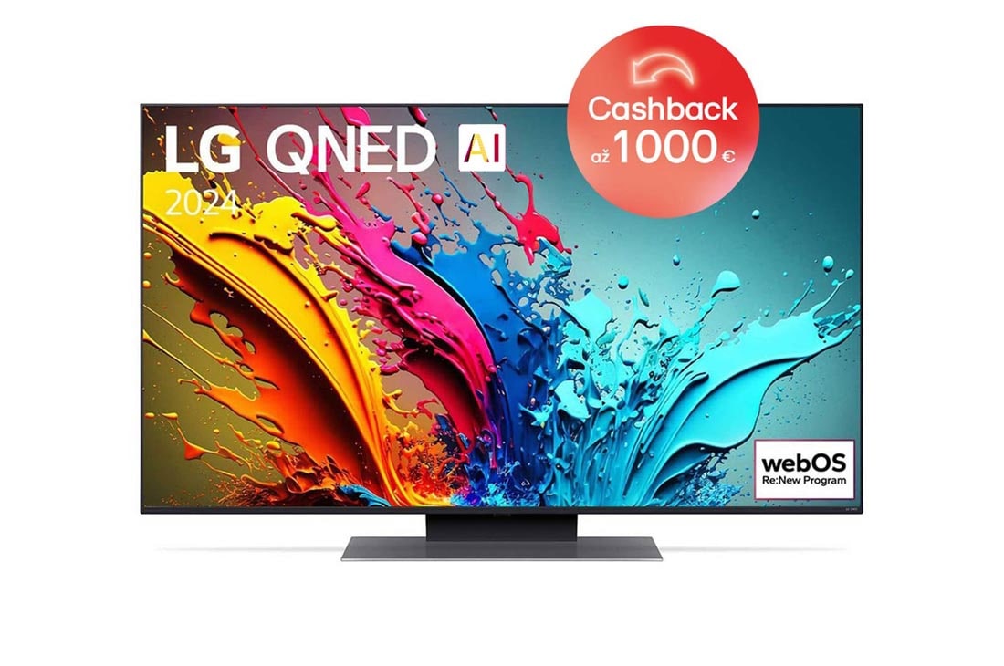 LG 50-palcový LG QNED AI QNED85 4K Smart TV 2024, Pohľad spredu na LG QNED TV, QNED85 s textom LG QNED, 2024 a logom webOS Re:New Program na obrazovke, 50QNED85T6A