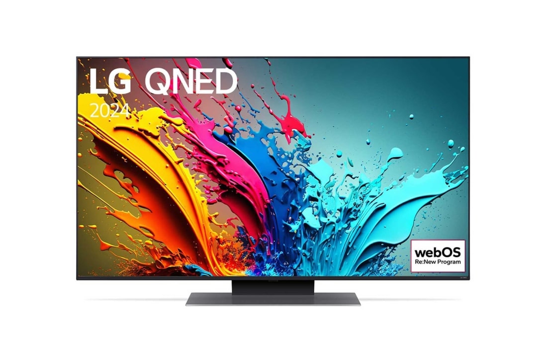 LG 50-palcový LG QNED AI QNED86 4K Smart TV 2024, Pohľad spredu na LG QNED TV, QNED86 s textom LG QNED, 2024 a logom webOS Re:New Program na obrazovke, 50QNED86T6A