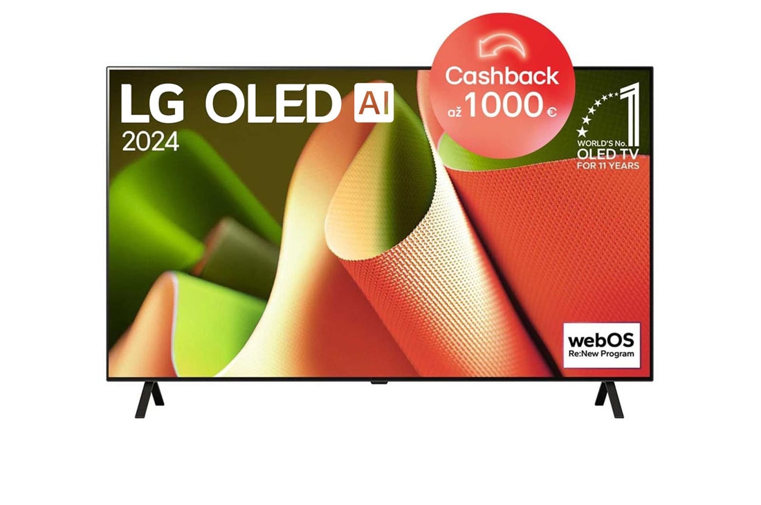 LG 55-palcový LG OLED AI B4 4K Smart TV OLED55B4, Pohľad spredu s televízorom LG OLED TV, OLED AI B4, emblémom 11 rokov svetovej jednotky OLED a logom webOS Re:New Program na obrazovke so stojanom s dvomi nohami, OLED55B42LA