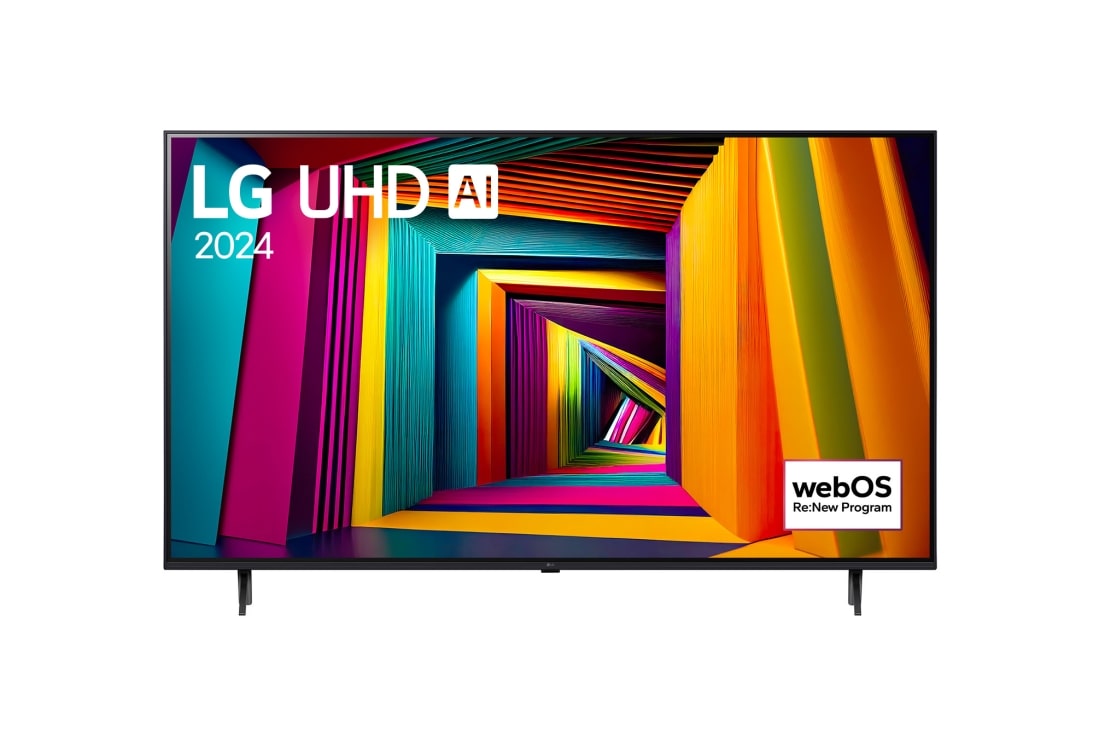 LG 75-palcový LG UHD AI UT91 4K Smart TV 2024, Pohľad spredu na LG UHD TV, UT90 s textom LG UHD AI ThinQ, 2024 a logom webOS Re:New Program na obrazovke, 75UT91006LA