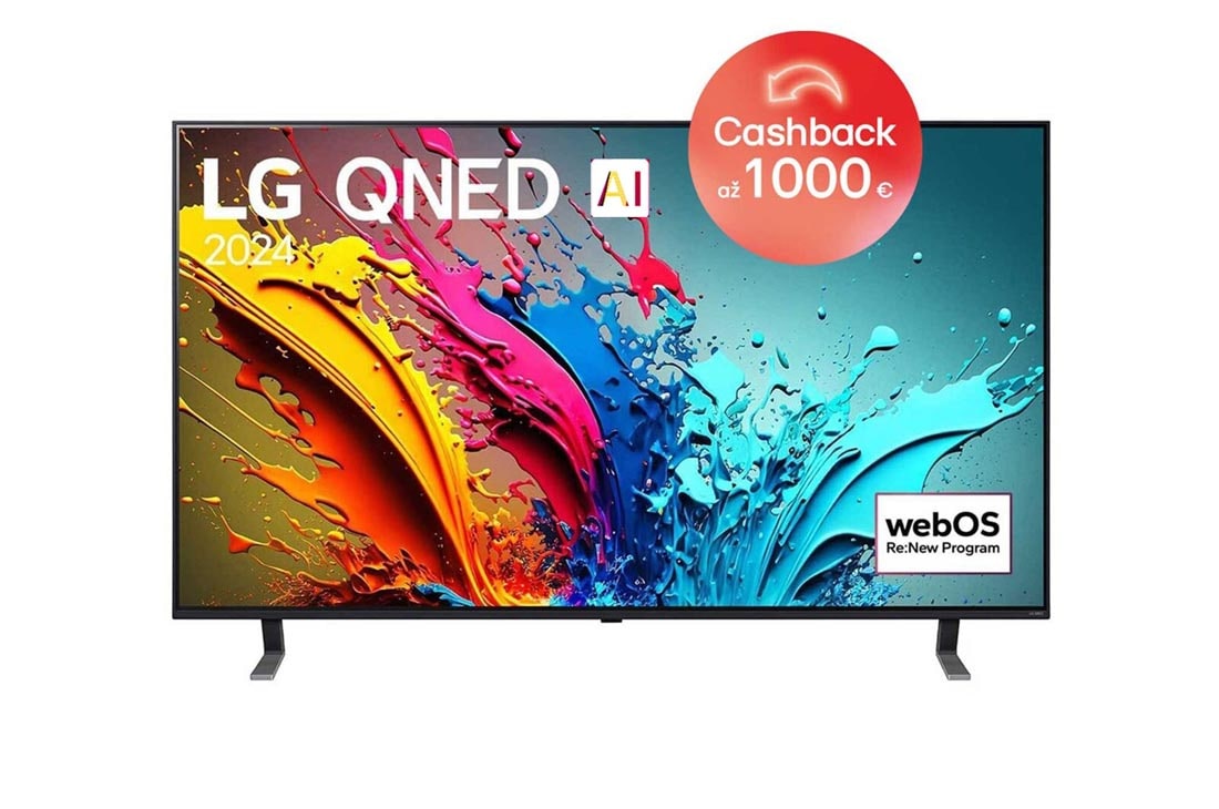 LG 65-palcový LG QNED AI QNED85 4K Smart TV 2024, Pohľad spredu na LG QNED TV, QNED85 s textom LG QNED, 2024 a logom webOS Re:New Program na obrazovke, 65QNED85T6C
