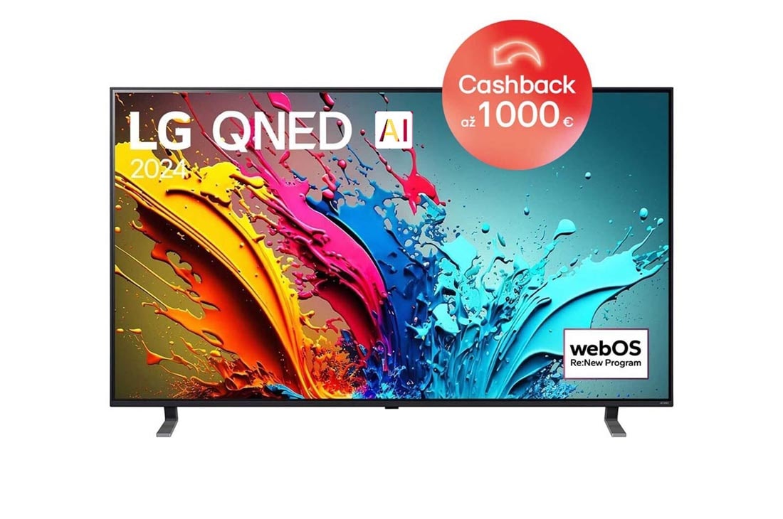 LG 75-palcový LG QNED AI QNED85 4K Smart TV 2024, Pohľad spredu na LG QNED TV, QNED85 s textom LG QNED, 2024 a logom webOS Re:New Program na obrazovke, 75QNED85T6C
