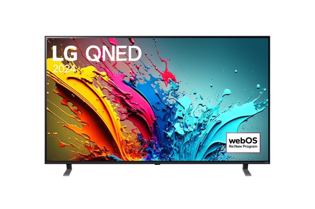 LG 75-palcový LG QNED AI QNED85 4K Smart TV 2024, Pohľad spredu na LG QNED TV, QNED85 s textom LG QNED, 2024 a logom webOS Re:New Program na obrazovke, 75QNED85T6C