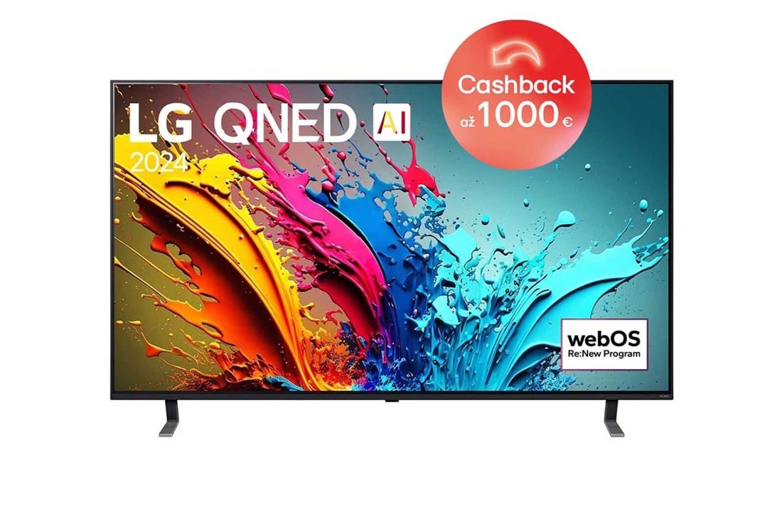 LG 86-palcový LG QNED AI QNED85 4K Smart TV 2024, Pohľad spredu na LG QNED TV, QNED85 s textom LG QNED, 2024 a logom webOS Re:New Program na obrazovke, 86QNED85T6C