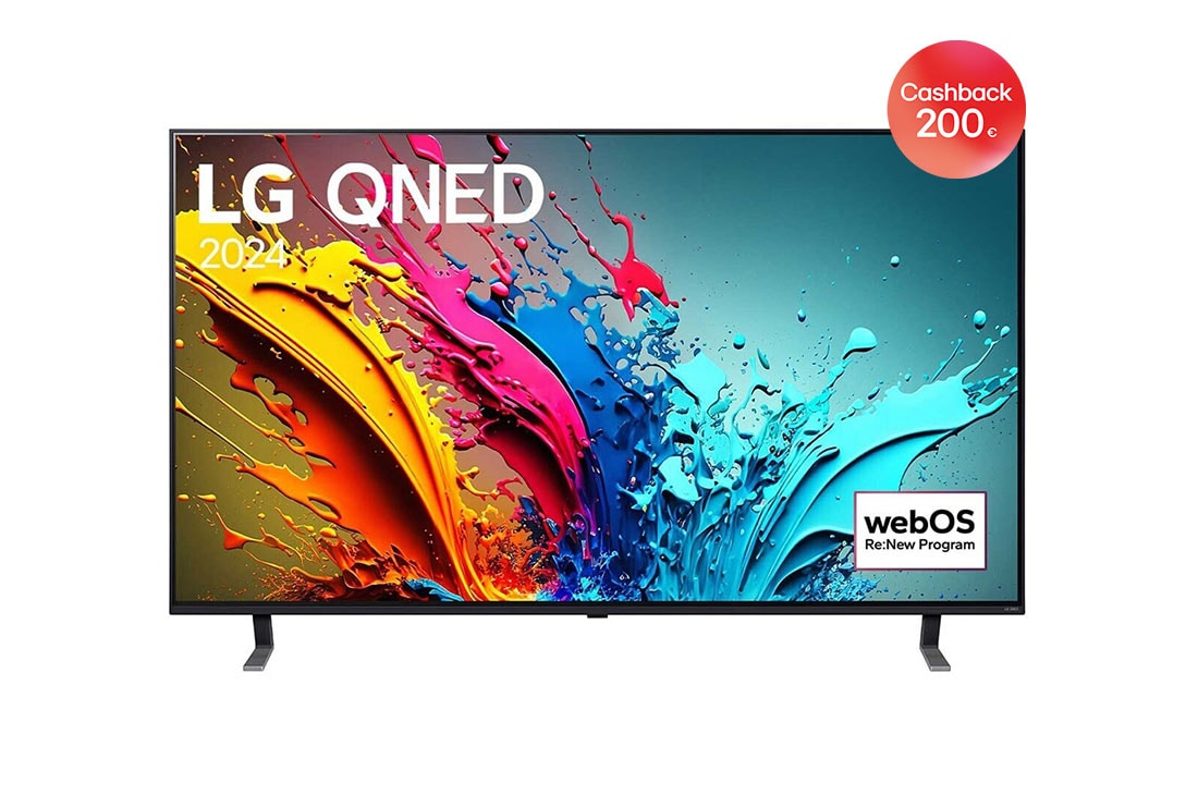 LG 86-palcový LG QNED AI QNED85 4K Smart TV 2024, Pohľad spredu na LG QNED TV, QNED85 s textom LG QNED, 2024 a logom webOS Re:New Program na obrazovke, 86QNED85T6C