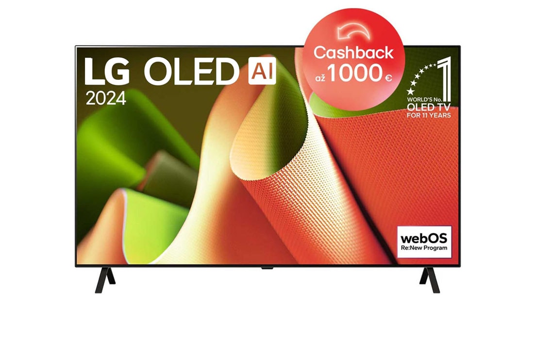 LG 65-palcový LG OLED AI B4 4K Smart TV OLED65B4, Pohľad spredu s televízorom LG OLED TV, OLED AI B4, emblémom 11 rokov svetovej jednotky OLED a logom webOS Re:New Program na obrazovke so stojanom s dvomi nohami, OLED65B42LA