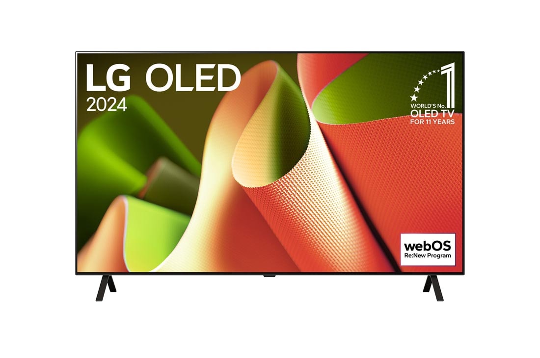 LG 65-palcový LG OLED AI B4 4K Smart TV OLED65B4, Pohľad spredu s televízorom LG OLED TV, OLED AI B4, emblémom 11 rokov svetovej jednotky OLED a logom webOS Re:New Program na obrazovke so stojanom s dvomi nohami, OLED65B42LA