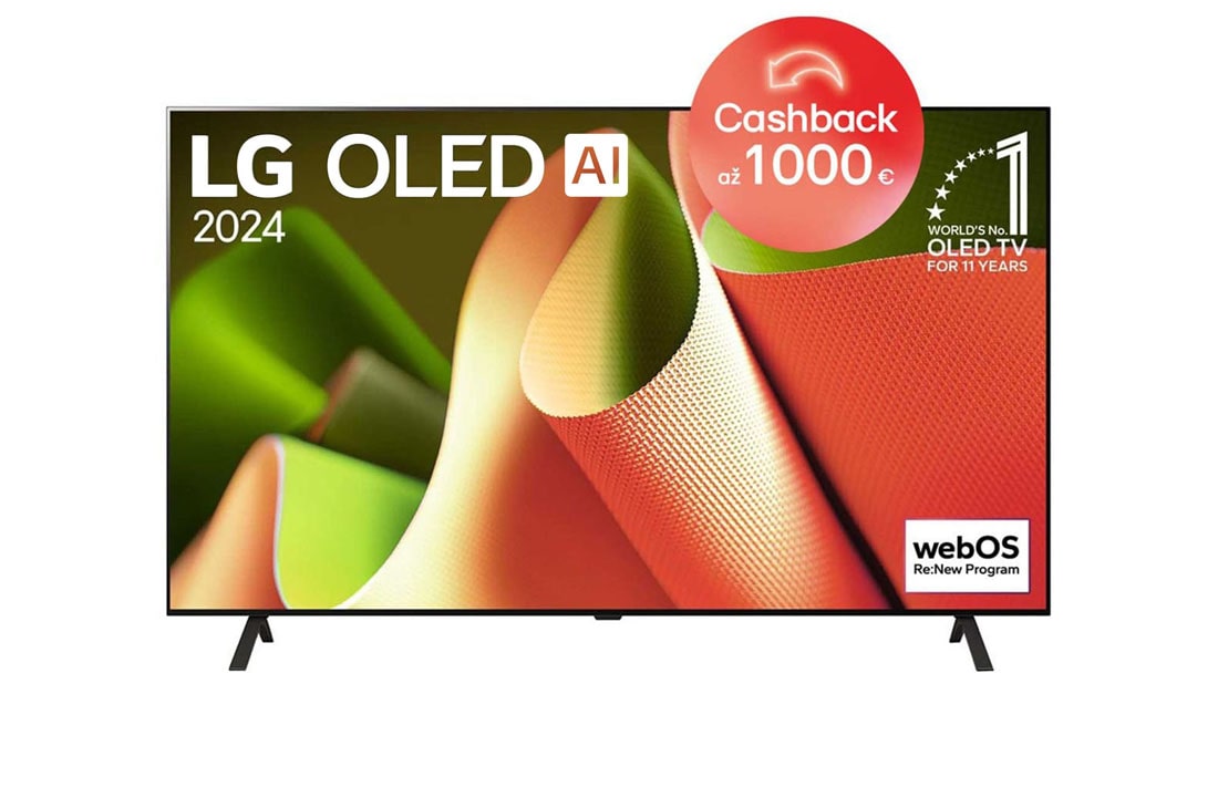 LG 77-palcový LG OLED AI B4 4K Smart TV OLED77B4, Pohľad spredu s televízorom LG OLED TV, OLED AI B4, emblémom 11 rokov svetovej jednotky OLED a logom webOS Re:New Program na obrazovke so stojanom s dvomi nohami, OLED77B42LA