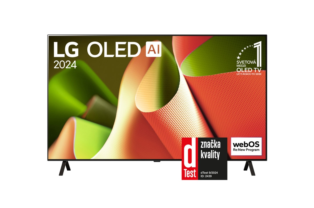 LG 55-palcový LG OLED AI B4 4K Smart TV OLED55B4, Pohľad spredu s televízorom LG OLED TV, OLED AI B4, emblémom 11 rokov svetovej jednotky OLED a logom webOS Re:New Program na obrazovke so stojanom s dvomi nohami, OLED55B46LA