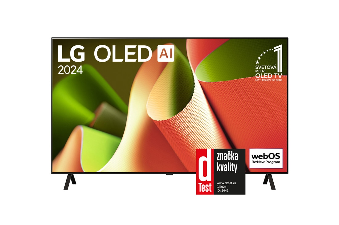 LG 65-palcový LG OLED AI B4 4K Smart TV OLED65B4, Pohľad spredu s televízorom LG OLED TV, OLED AI B4, emblémom 11 rokov svetovej jednotky OLED a logom webOS Re:New Program na obrazovke so stojanom s dvomi nohami, OLED65B46LA