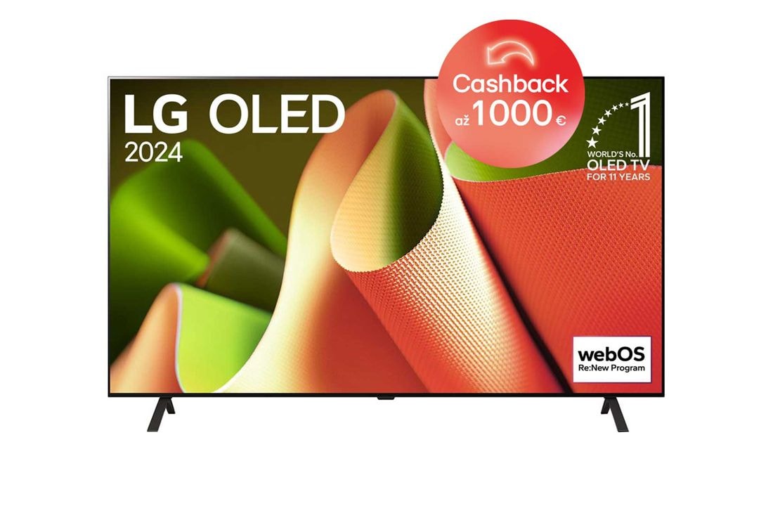 LG 77-palcový LG OLED B4 4K Smart TV OLED77B4, Pohľad spredu s televízorom LG OLED B4, emblémom 11 rokov svetovej jednotky OLED a logom webOS Re:New Program na obrazovke so stojanom s dvomi nohami, OLED77B46LA