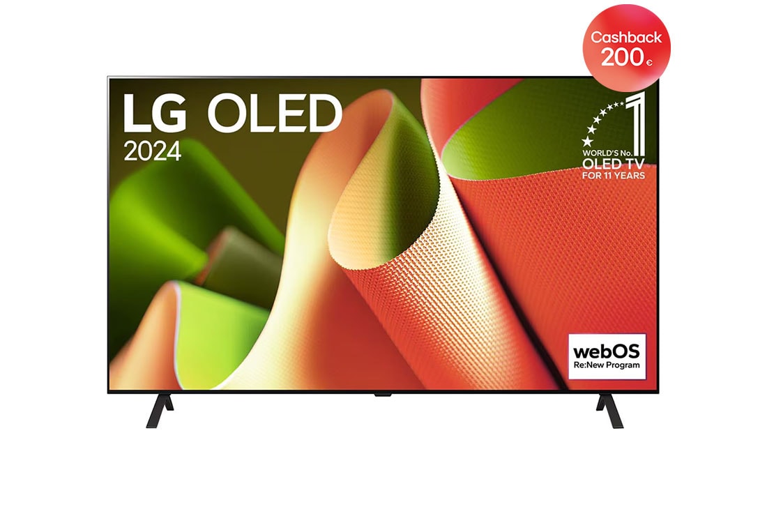 LG 77-palcový LG OLED AI B4 4K Smart TV OLED77B4, Pohľad spredu s televízorom LG OLED TV, OLED AI B4, emblémom 11 rokov svetovej jednotky OLED a logom webOS Re:New Program na obrazovke so stojanom s dvomi nohami, OLED77B46LA