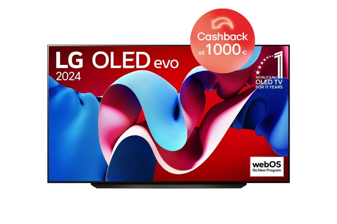 LG 83-palcový LG OLED evo C4 4K Smart TV OLED83C4, Pohľad spredu s televízorom LG OLED TV, OLED C4, emblémom 11 rokov svetovej jednotky OLED a logom webOS Re:New Program na obrazovke so stojanom s dvomi nohami, OLED83C44LA