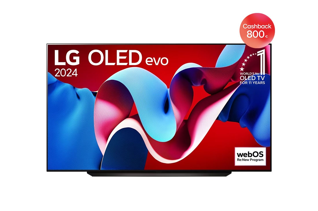 LG 83-palcový LG OLED evo AI C4 4K Smart TV OLED83C4, Pohľad spredu s televízorom LG OLED evo AI, OLED C4, emblémom 11 rokov svetovej jednotky OLED a logom webOS Re:New Program na obrazovke so stojanom s dvomi nohami, OLED83C44LA