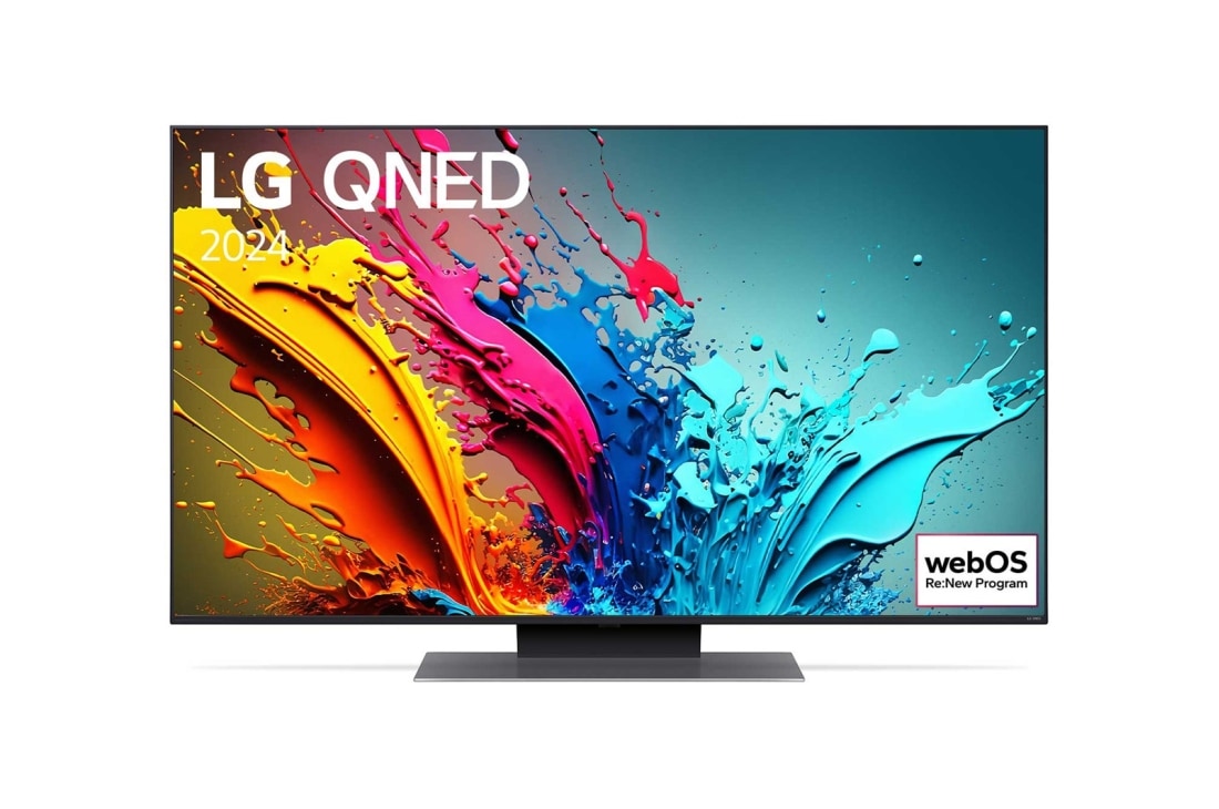 LG 55-palcový LG QNED AI QNED87 4K Smart TV 2024, Pohľad spredu na LG QNED TV, QNED87 s textom LG QNED, 2024 a logom webOS Re:New Program na obrazovke, 55QNED87T6B