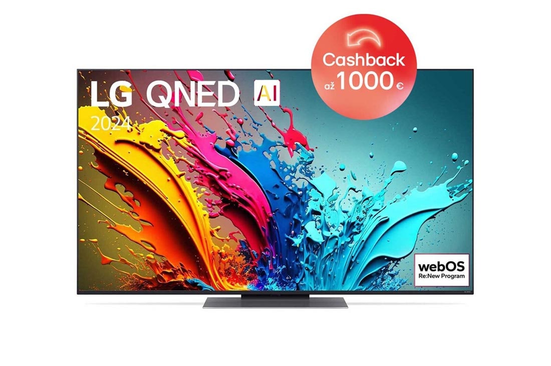 LG 55-palcový LG QNED AI QNED87 4K Smart TV 2024, Pohľad spredu na LG QNED TV, QNED87 s textom LG QNED, 2024 a logom webOS Re:New Program na obrazovke, 55QNED87T6B