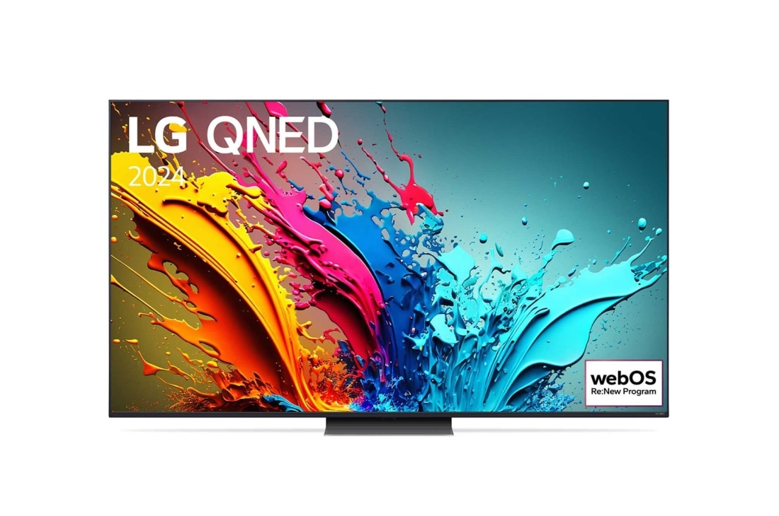 LG 65-palcový LG QNED AI QNED87 4K Smart TV 2024, Pohľad spredu na LG QNED TV, QNED87 s textom LG QNED, 2024 a logom webOS Re:New Program na obrazovke, 65QNED87T6B