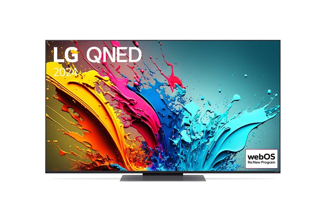 LG 55-palcový LG QNED AI QNED86 4K Smart TV 2024, Pohľad spredu na LG QNED TV, QNED86 s textom LG QNED, 2024 a logom webOS Re:New Program na obrazovke, 55QNED86T6A