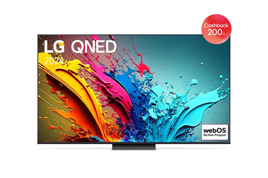 LG 86-palcový LG QNED AI QNED86 4K Smart TV 2024, Pohľad spredu na LG QNED TV, QNED86 s textom LG QNED, 2024 a logom webOS Re:New Program na obrazovke, 86QNED86T6A